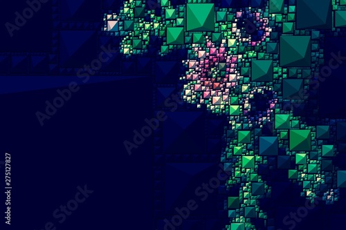 Abstract background with geometric design. Digital futuristic element. Technology. Macro flower cactus. Floral wallpaper. Colorful green blue pink red. Dark background. Color palette.