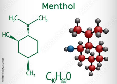 Menthol molecule, is found in peppermint and spearmint. It gives a cooling sensation, relieves minor pain and irritation. Structural chemical formula and molecule model