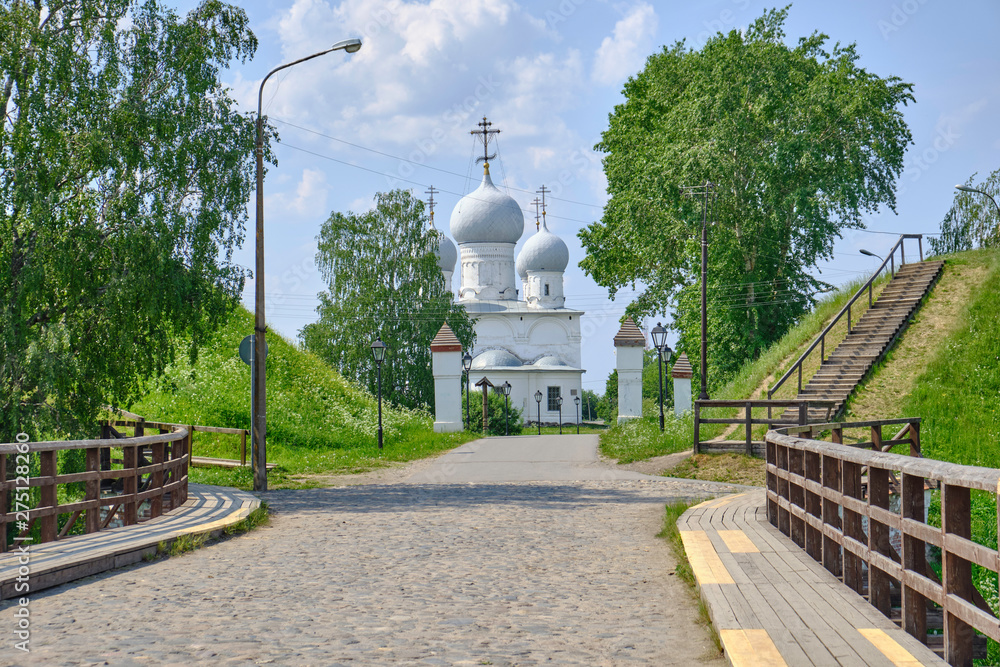 Scenic view of old Spaso-Preobrazhensky cathedral in Belozersk. Beautiful summer sunny look of ancient orthodox temple in historical center of ancient town in Vologodskaya oblast in Russian Federation Scenic view of old Spaso-Preobrazhensky cathedral in Belozersk. Beautiful summer sunny look of ancient orthodox temple in historical center of ancient town in Vologodskaya oblast in Russian Federation