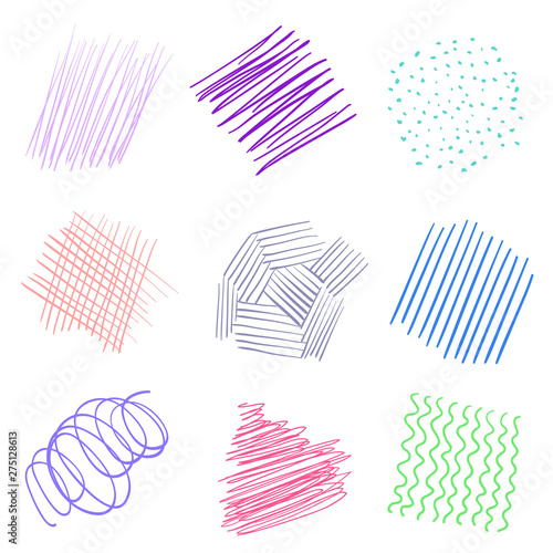Backgrounds with array of lines. Intricate chaotic textures on white. Wavy backdrops. Hand drawn tangled patterns. Colorful illustration. Sketchy elements for posters and flyers