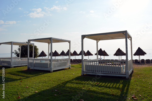 Beds and sun loungers in a beach club