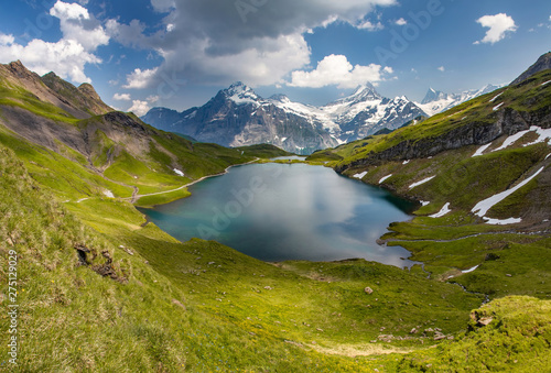 Swiss beauty, Schreckhorn and Wetterhorn from Bachalpsee lake, Bernese Oberland, Switzerland, Europe