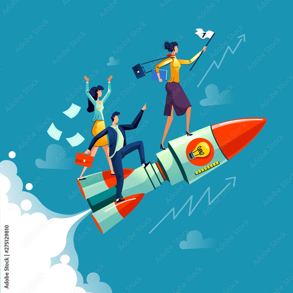 Fototapeta premium Businesswoman flying on rocket on background of sky