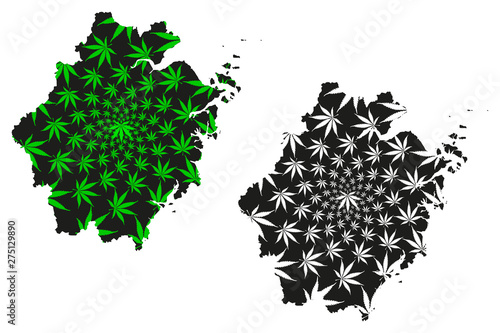 Zhejiang Province (Administrative divisions of China, China, People's Republic of China, PRC) map is designed cannabis leaf green and black, Chekiang map made of marijuana (marihuana,THC) foliage.... photo