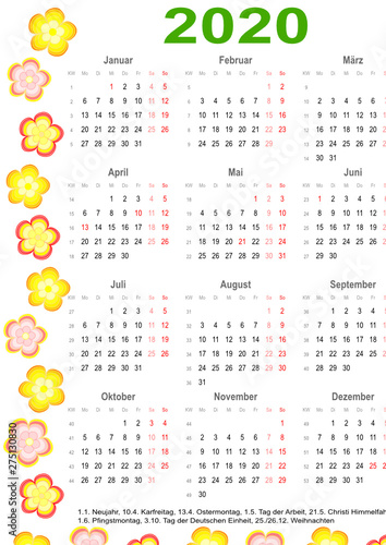 Kalender 2020 für Deutschland mit Markierung und Auflistung der gesetzlichen Feiertage umrandet mit bunten Blumen