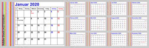 Kalender 2020 für Deutschland inkl. Feiertagen, mit buntem Streifenmuster im linken Bereich. Set mit 12 einzelnen Monaten. Wochenstart Montag.