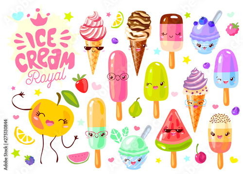 Cute ice cream frozen juice ice lolly funny characters set. Isolated on white background. Smiling cartoon happy face kids style collection. Hand drawn vector illustration.

