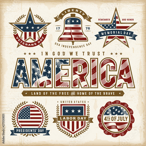Fototapet Vintage USA Patriotic Holidays Labels Set