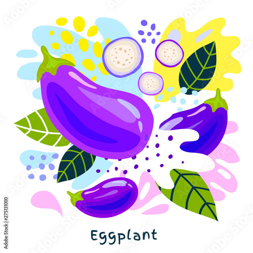 Fresh eggplant vegetable juice splash organic food juicy vegetables splatter on abstract background vector hand drawn illustrations