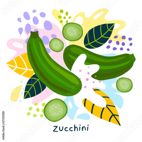 Fresh green zucchini vegetable juice splash organic food juicy vegetables splatter on abstract coloful splatter splash background vector hand drawn illustrations