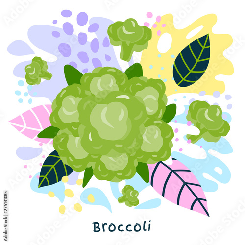 Fresh green broccoli vegetable juice splash organic food juicy vegetables splatter on abstract coloful splatter splash background vector hand drawn illustrations