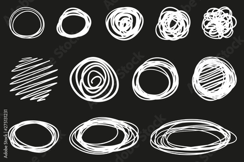 Hand drawn abstract geometric shapes on black. Grungy backgrounds with array of lines. Stroke chaotic patterns. Black and white illustration