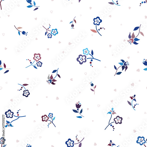 Beautiful colorful seamless floral pattern, white flowers on blue background, ditsy style, folk flowers, great for spring or summer fabric print, wallpaper, banner, gift wrapping vector texture simple