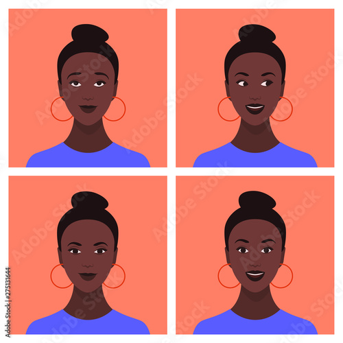 Set of avatars of the African girls. Different emotions: happiness, curiosity, dreaming and calm. Vector flat illustration