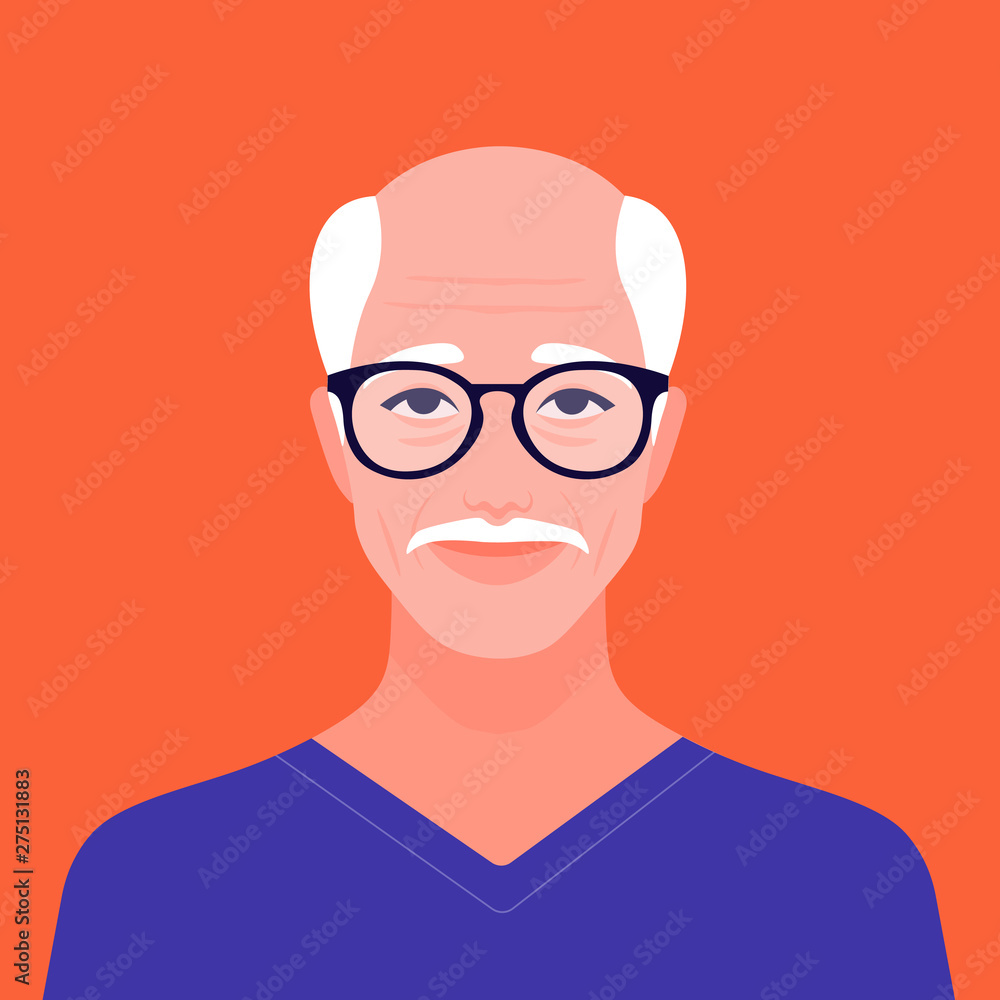 The face of an elderly man. Dreamer. Emotions of the elderly people Portrait of a European grandfather. Avatar. Vector flat illustration