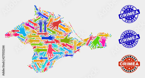 Vector handmade composition of Crimea map and rubber watermarks. Mosaic Crimea map is formed with random bright colorful hands. Rounded watermarks with distress rubber texture.