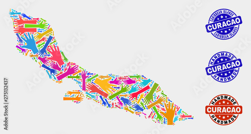 Vector handmade composition of Curacao Island map and rubber watermarks. Mosaic Curacao Island map is organized of random bright colored hands. Rounded watermarks with corroded rubber texture.
