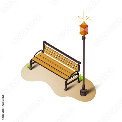 Isometric Streetlight and Park Bench