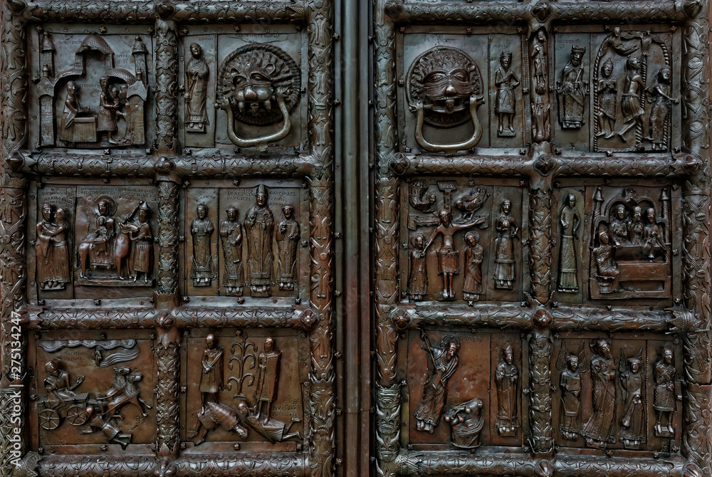 Close-up view of Magdeburg Gates of Sophia Cathedral, Veliky Novgorod, Russia