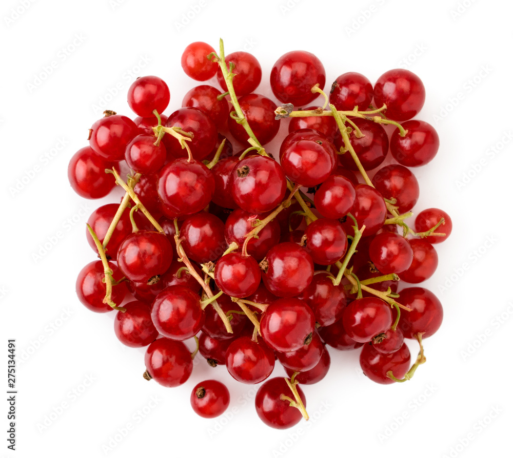 Heap of red currants on a white. The view of the top.