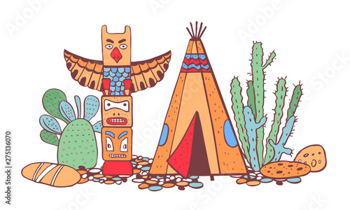 Native American indians traditional settlement. Tipi, totem pole and cactuses. Vector color hand drawn outline doodle sketch illustration