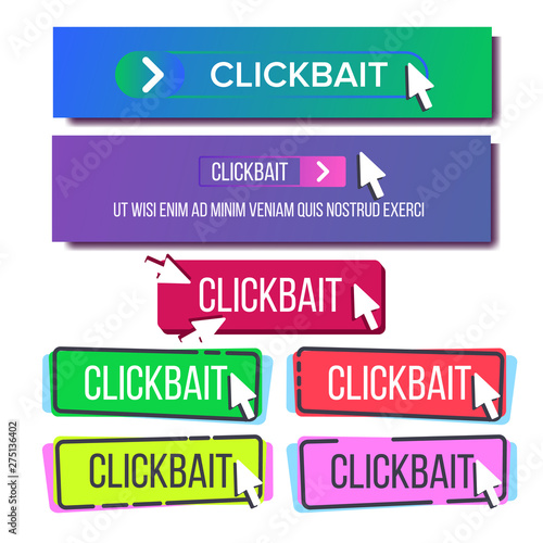 Collection Of Bright Button Clickbait Set Vector. Different Bright Design Trendy Detail For Web Interface Or Gradient Mobile App Clickbait With Mouse Cursor. Stylish Modern Template Flat Illustration