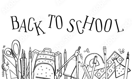 Composition with school stationery on the bottom and Back to School title. Hand drawn outline doodle sketch vector illustration