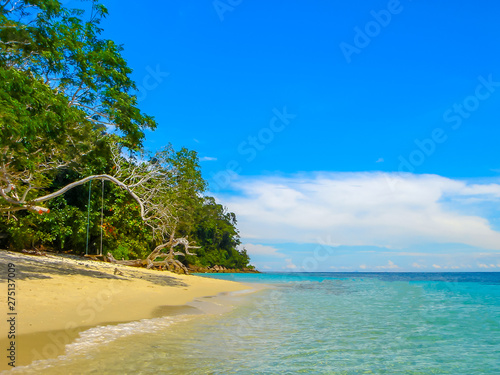 Beautiful Beach Sandy and Clear Sea with Tree and Swing Play in Island of Tropical on Holiday Summer or Spring Times. Travel The Paradise of Thailand. © Cheewamet