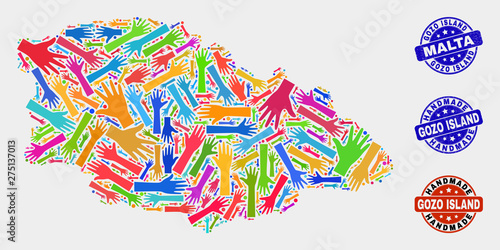 Vector handmade combination of Gozo Island map and grunge stamp seals. Mosaic Gozo Island map is created of random bright colored hands. Rounded stamp imprints with grunge rubber texture.
