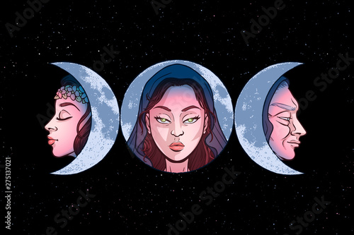 Triple goddess as Maiden, Mother and Crone, beautiful woman, symbol of moon phases. Hekate, mythology, wicca, witchcraft. Vector illustration