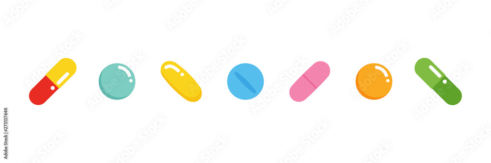 Set, collection of cute colorful pills, medications in different sizes and shapes, isolated on white background. - obrazy, fototapety, plakaty 