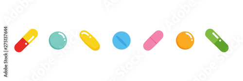 Set, collection of cute colorful pills, medications in different sizes and shapes, isolated on white background.