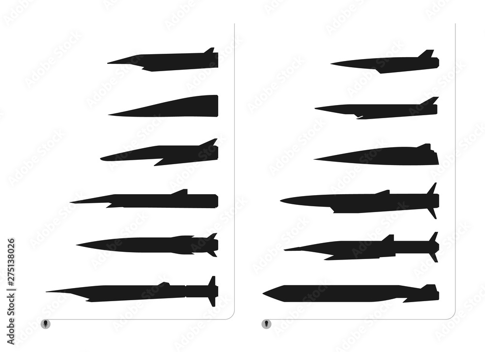 Set of black silhouette hypersonic rockets are isolated on a white background. The set has different forms and size of the rockets. Set of black silhouette hypersonic rockets are isolated on a white background. The set has different forms and size of the rockets.