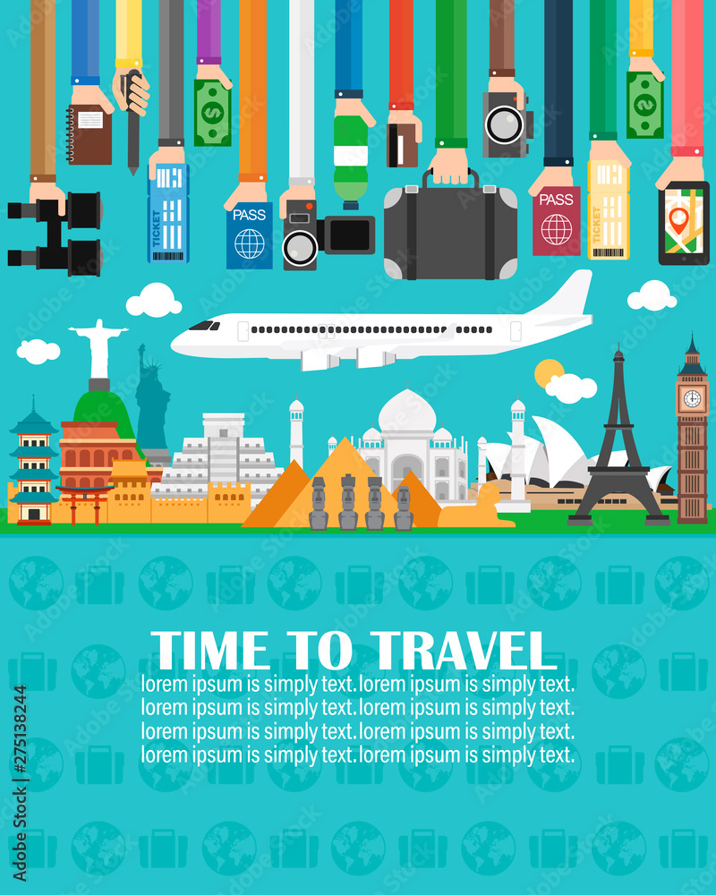Time to travel, with plane, around the world.Lorem ipsum is simply text.Vector illustration Time to travel, with plane, around the world.Lorem ipsum is simply text.Vector illustration