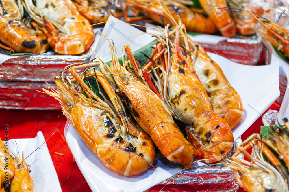 Grilled shrimps of seafood Street food of Thailand