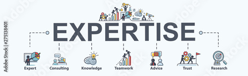 Expertise banner web icon for business, expert, consulting, knowledge, teamwork, advice, trust and research. Minimal vector infographic. photo