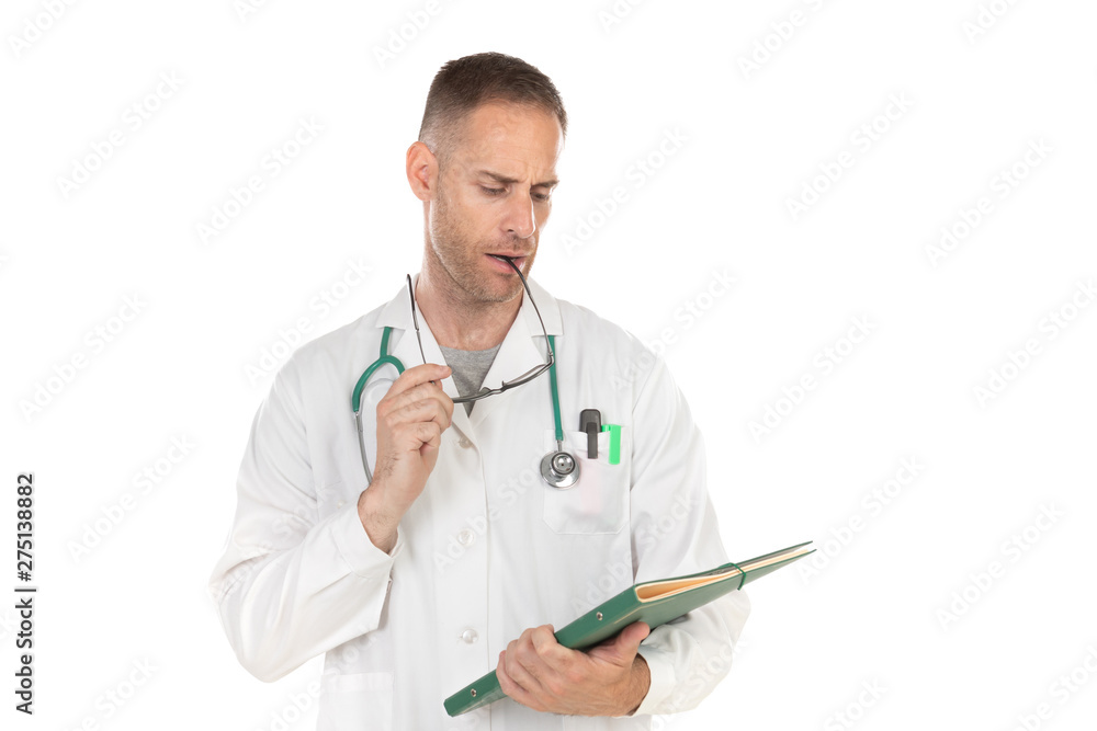 Handsome doctor with glasses holding documents Handsome doctor with glasses holding documents