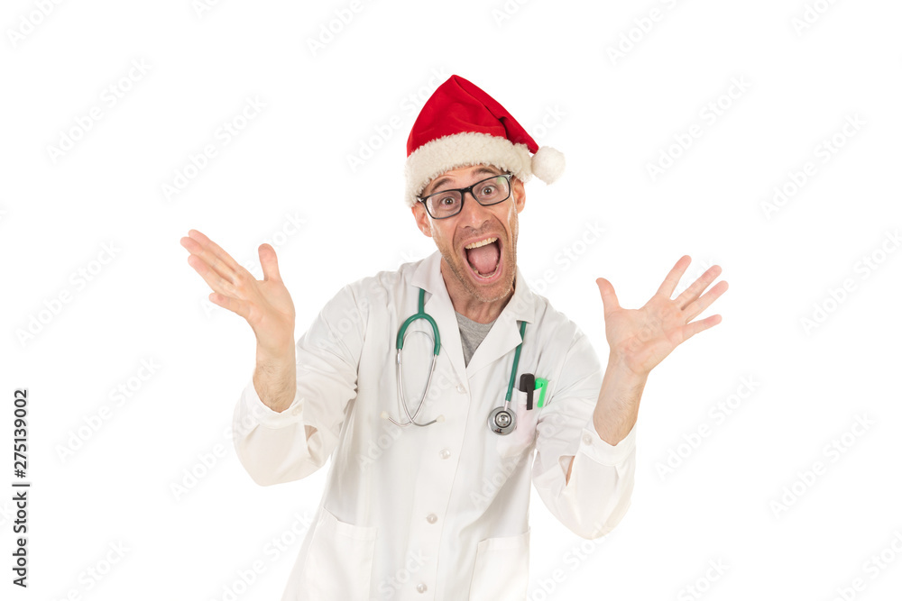Handsome doctor with christmas hat wearing a Christmas hat Handsome doctor with christmas hat wearing a Christmas hat