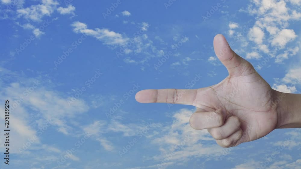 cctv camera flat icon on finger over blue sky with white clouds, Business security and safety concept cctv camera flat icon on finger over blue sky with white clouds, Business security and safety concept