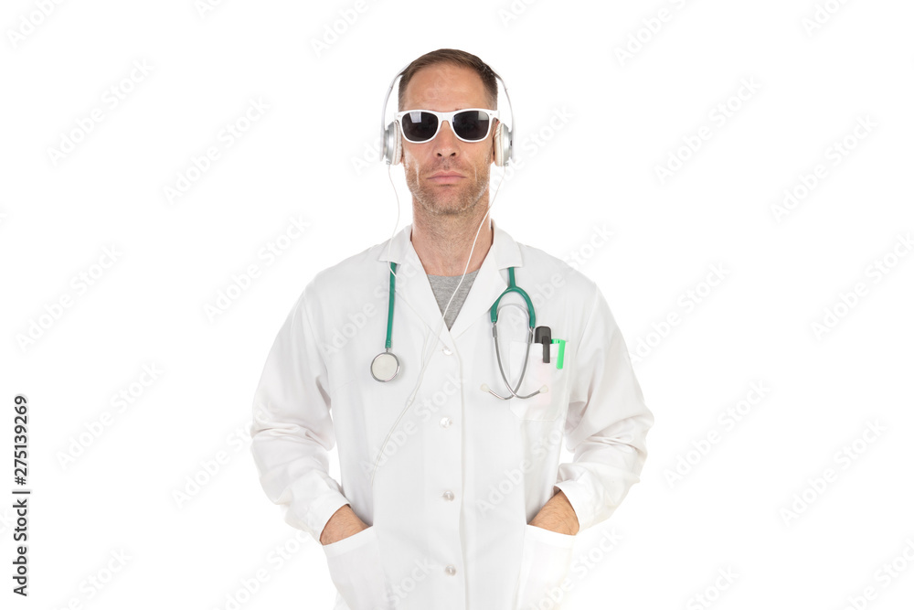 Handsome doctor with sunglasses listening music with headphones