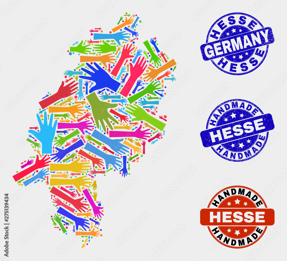 Vector handmade composition of Hesse Land map and unclean watermarks. Mosaic Hesse Land map is formed of scattered bright colorful hands. Rounded watermarks with scratched rubber texture. Vector handmade composition of Hesse Land map and unclean watermarks. Mosaic Hesse Land map is formed of scattered bright colorful hands. Rounded watermarks with scratched rubber texture.