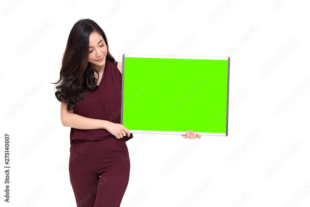 Asian woman holding a green screen message cardboard Asian woman holding a green screen message cardboard