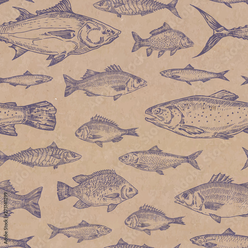 Hand Drawn Fish Vector Seamless Background Pattern. Craft Cardboard Paper Texture. Anchovy, Herrings, Tuna, Dorado, Mackerel, Seabass and Trout Sketches Card or Cover Template.