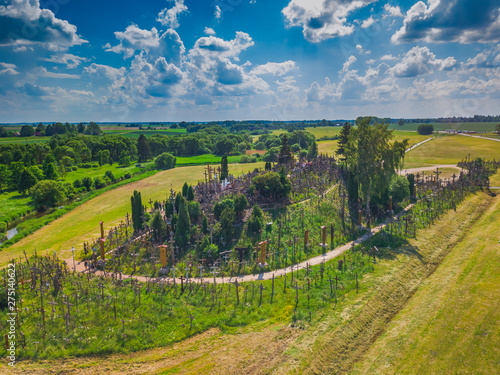 Aerial panoramic view of Hill of Crosses KRYZIU KALNAS . It is a famous religious site of catholic pilgrimage in Lithuania