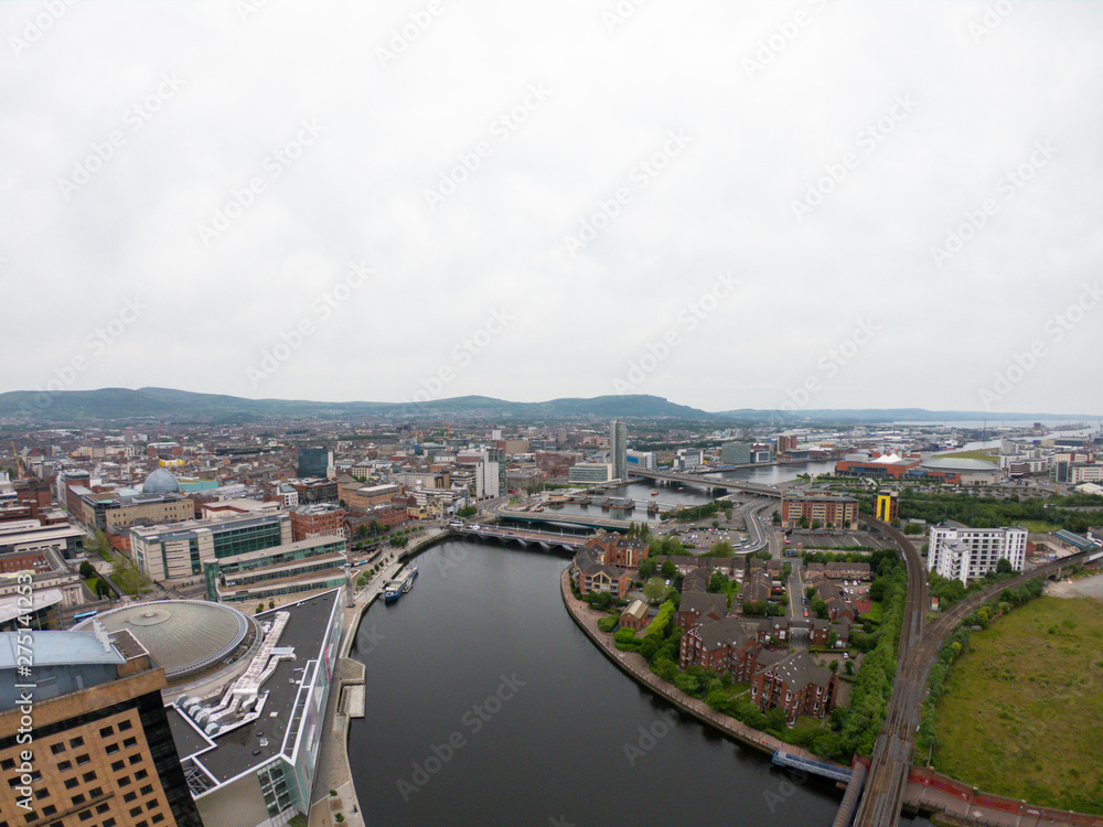 aerial view on river and bridge in belfast northern ireland. beautiful landscape by city view from above