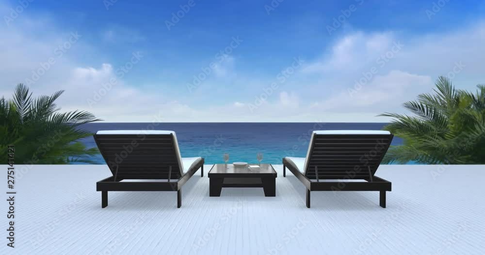 Two wooden loungers on terrace with ocean view and bluesky Two wooden loungers on terrace with ocean view and bluesky