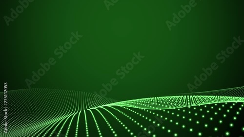 A futuristic wave of coloured green dots changing shape against a dark green background
