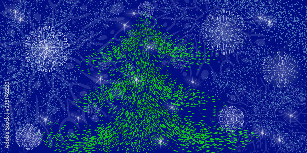 Christmas tree on a background of snowstorm and large snowflakes. Dark blue sky with bright stars. Snowy background for Christmas cards, gift wrapping, design for winter themes. Christmas tree on a background of snowstorm and large snowflakes. Dark blue sky with bright stars. Snowy background for Christmas cards, gift wrapping, design for winter themes.