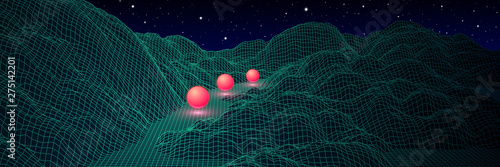 Landscape with wireframe grid of 80s styled retro computer game