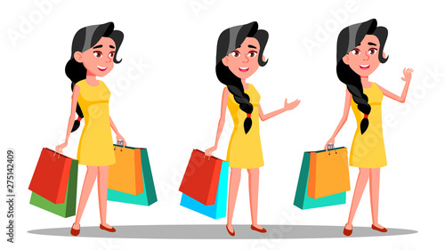 Character Young Woman Shopaholic With Bag Vector. Beautiful Smiling Glamor Girl Enjoyment Shopogolic. Happy Fashion Pretty Brunette Customer With Purchases Flat Cartoon Illustration